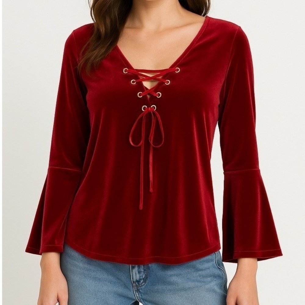 Midnight Velvet Witchy Blouse XL Red Bell Sleeve Whimsigoth V Neck Lace‎ Up